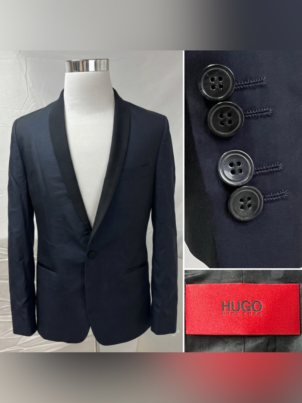 Hugo Boss Men’s 38R Navy Aligton Black Shawl Collar Blazer Tuxedo Jacket
